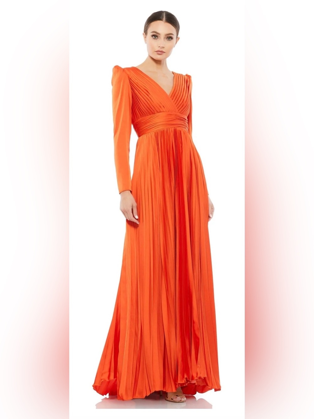 Ieena For Mac Duggal 26542 Sunset Orange Pleated V-Neck Maxi Dress Size 8 Gala